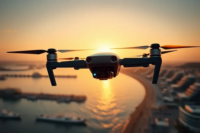 A professional camera drone working above a project setting.